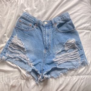 Distressed High Rise Denim Shorts